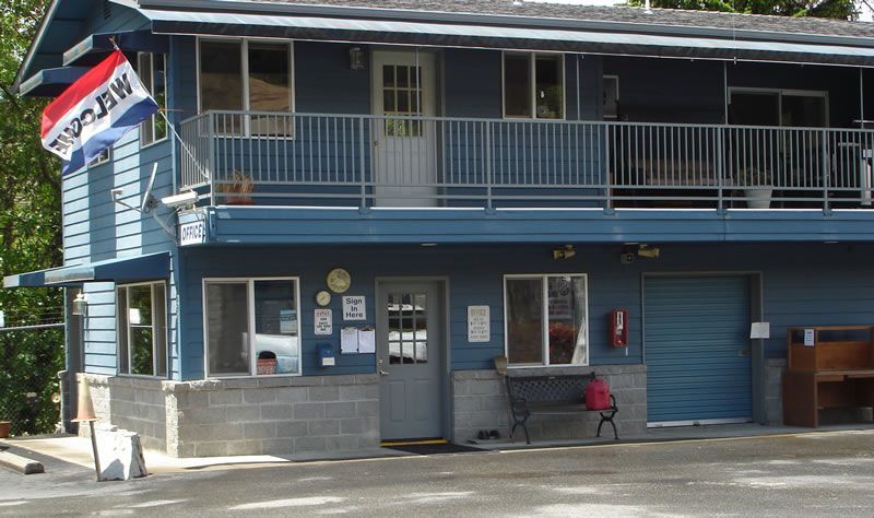 A blue building with a red white and blue flag that says ' merica ' on it