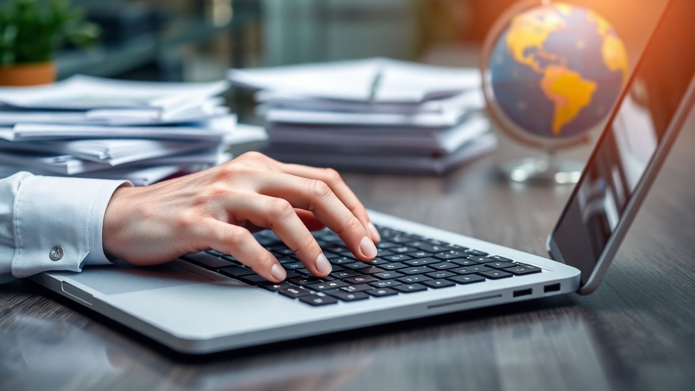 an accountant's hands typing on a laptop, with a globe and stacks of papers on a desk.