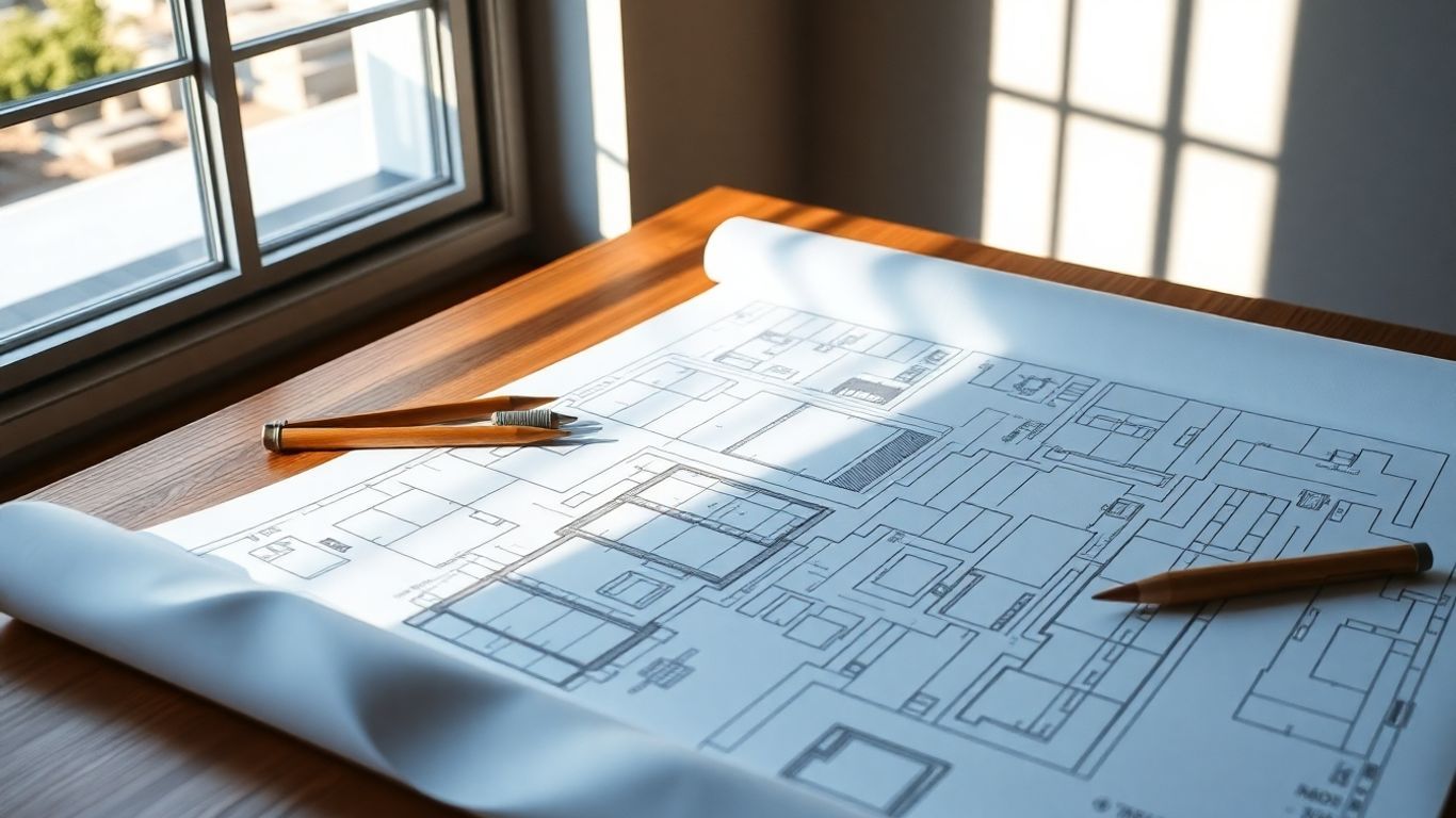Architecture Blueprint roll on a wooden table, with a pencil, window and sunlight.