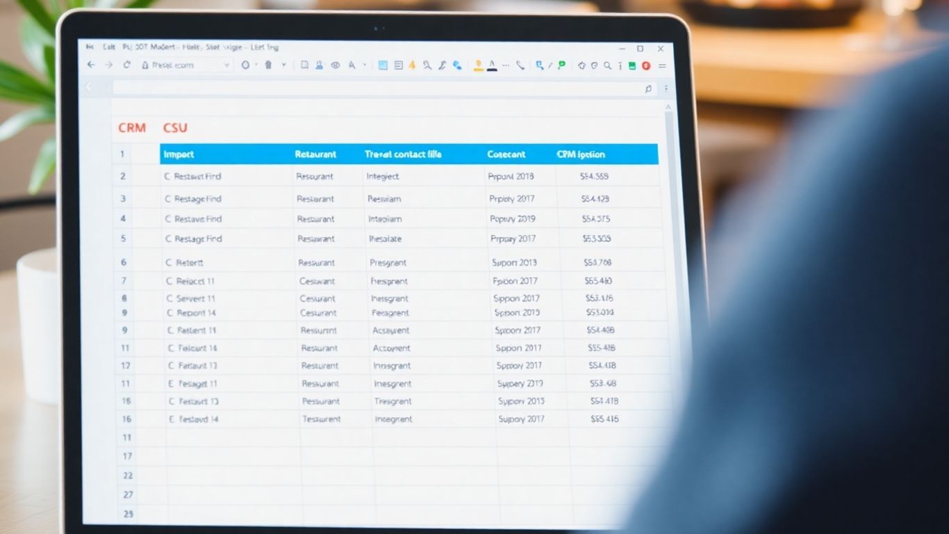 Person looking at a laptop screen displaying a spreadsheet with a list of restaurants