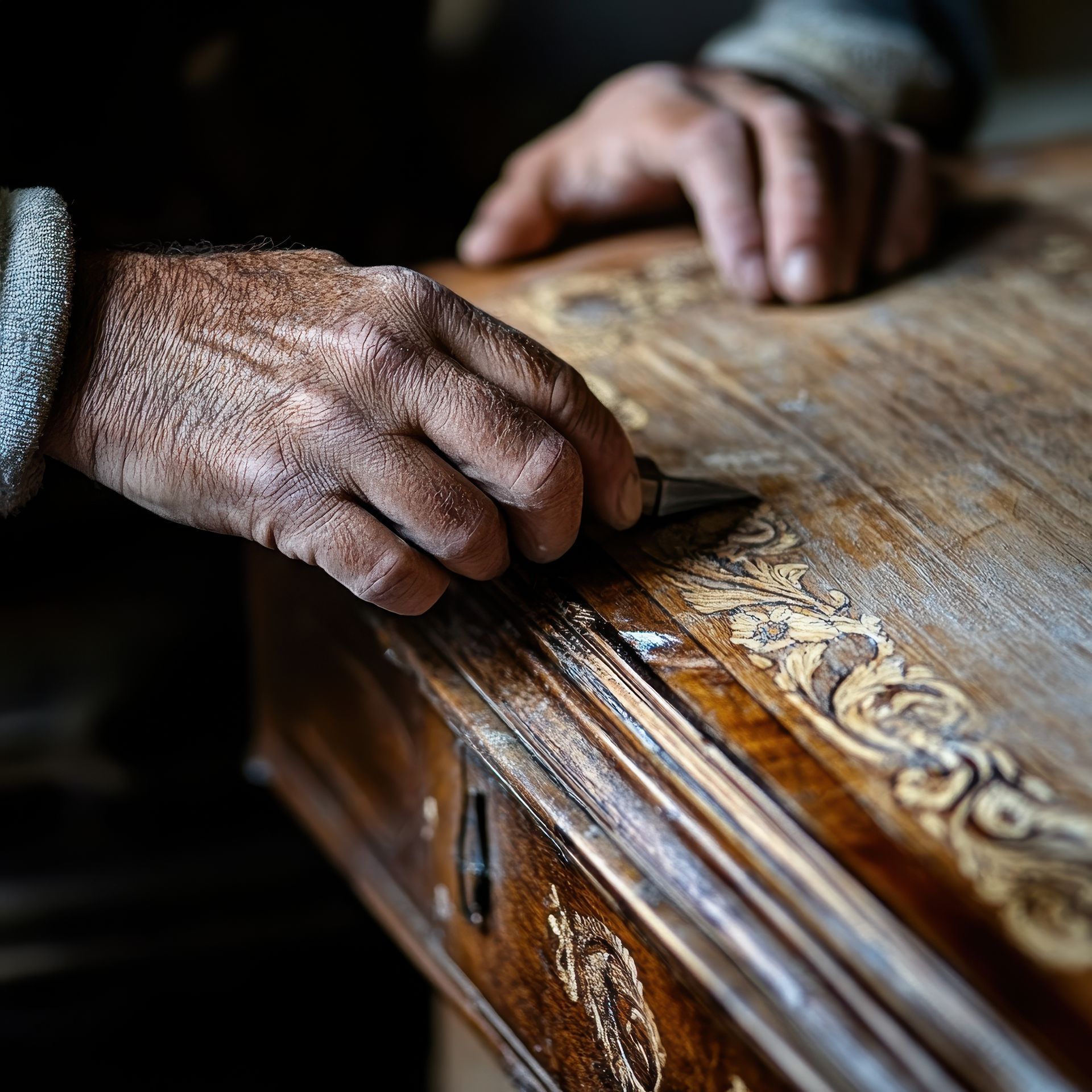 A close up of a person 's hand on a wooden table