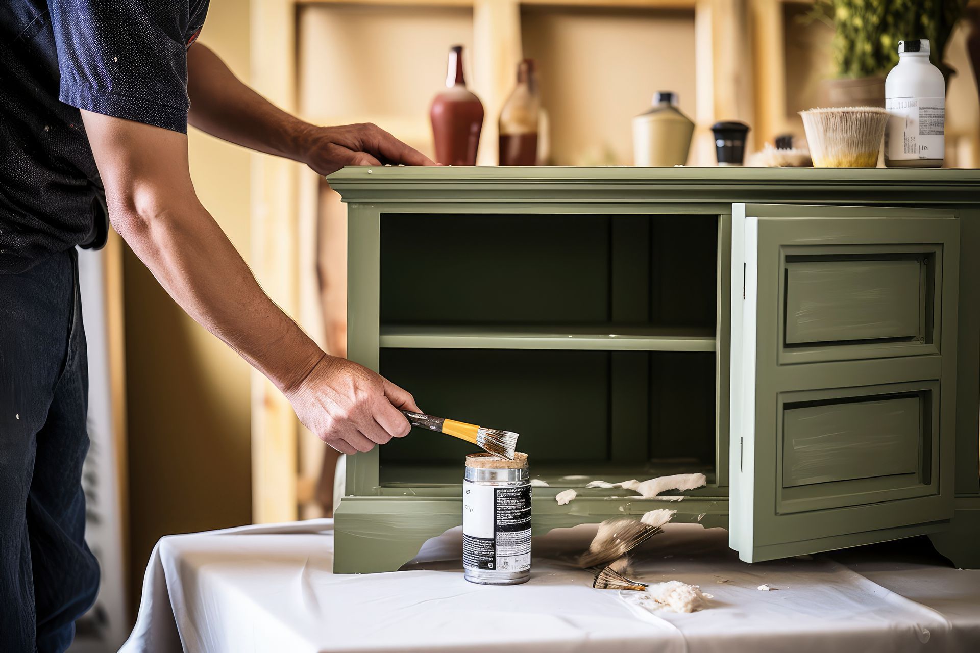 A man is painting a green cabinet with a brush.