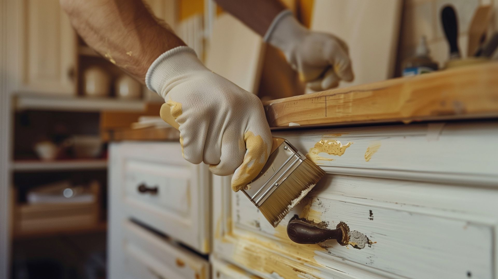A person is painting a wooden cabinet with a brush.