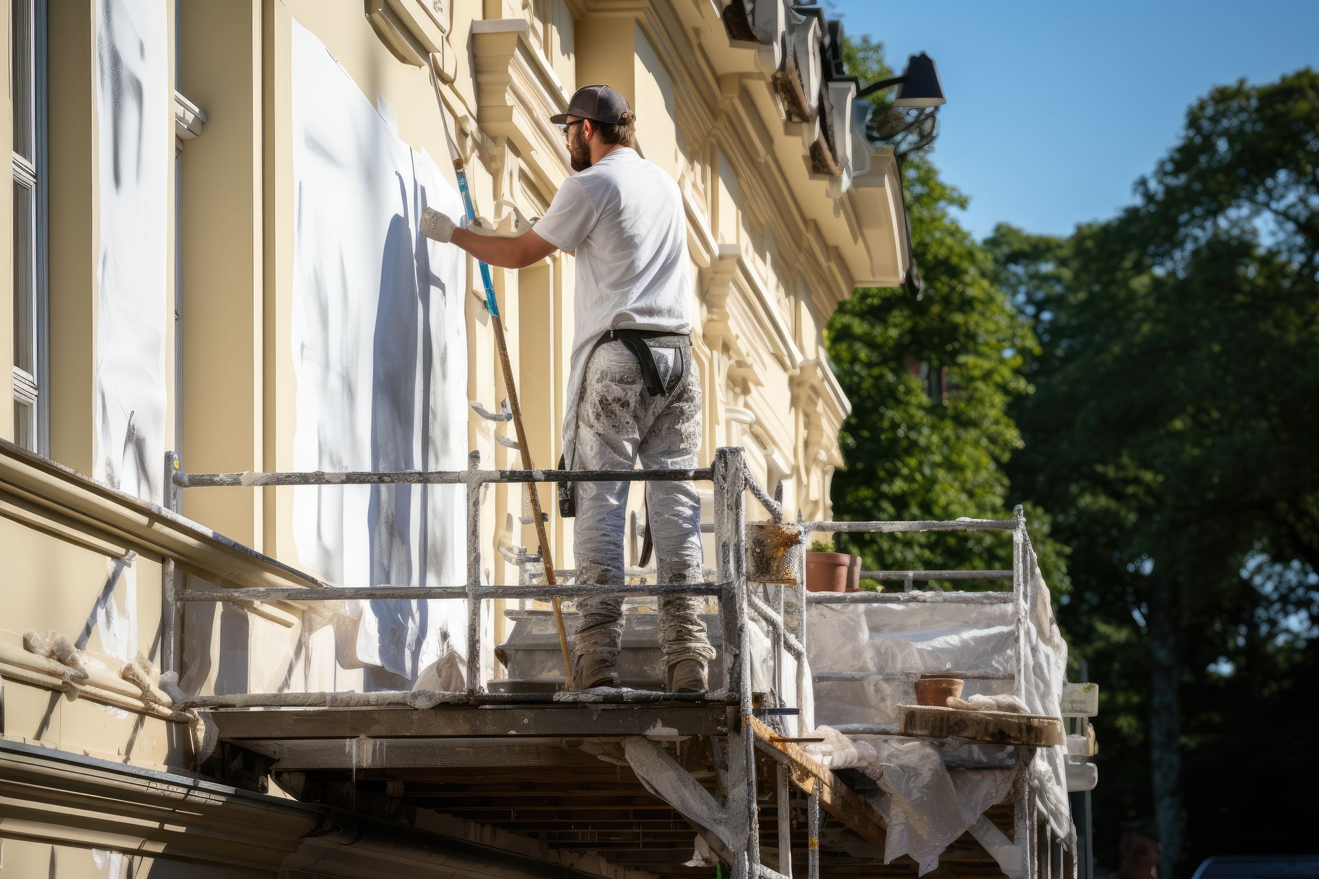 A man is painting the side of a building on a scaffolding.
