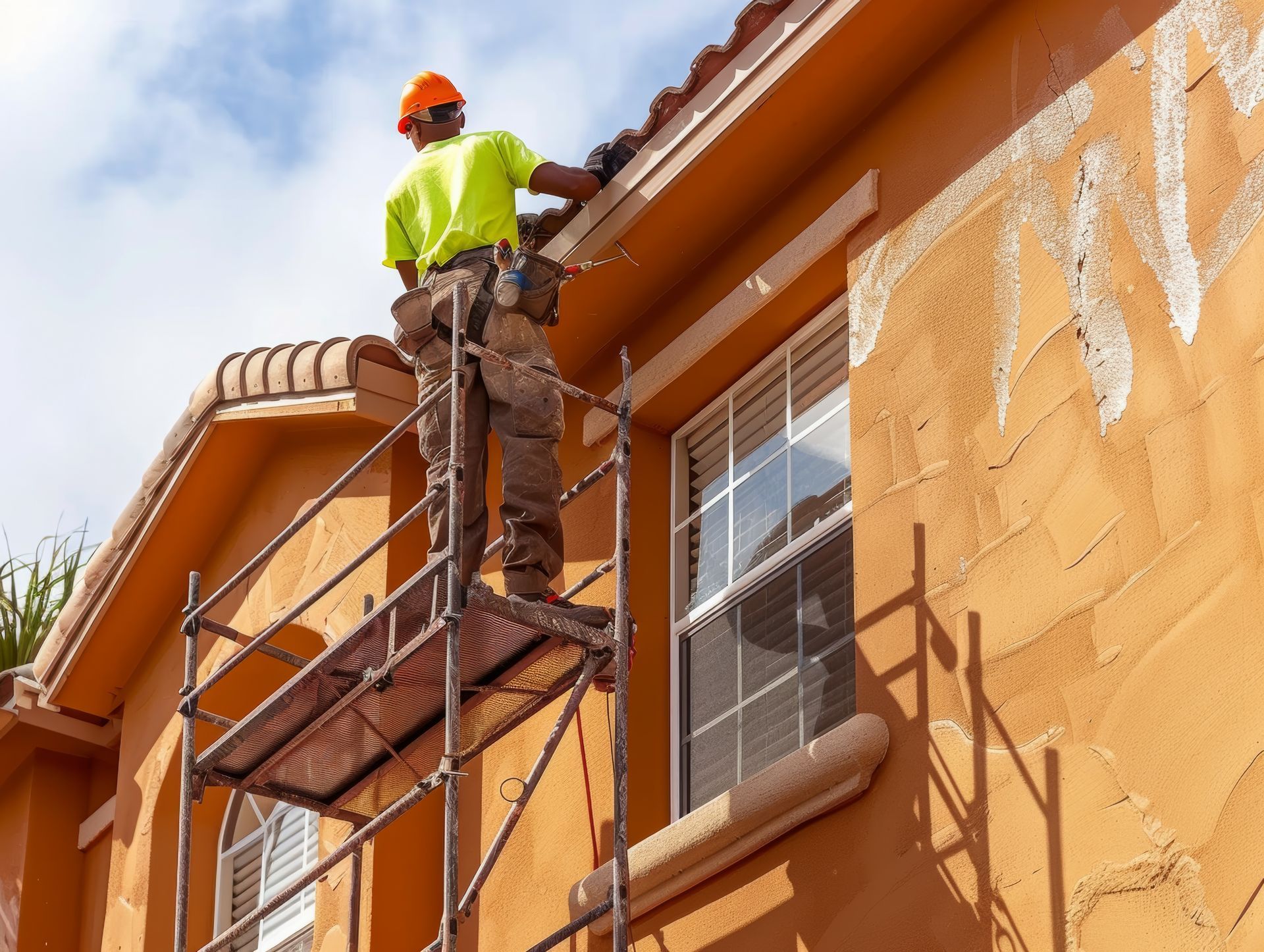 A man is standing on a scaffolding on the side of a building.