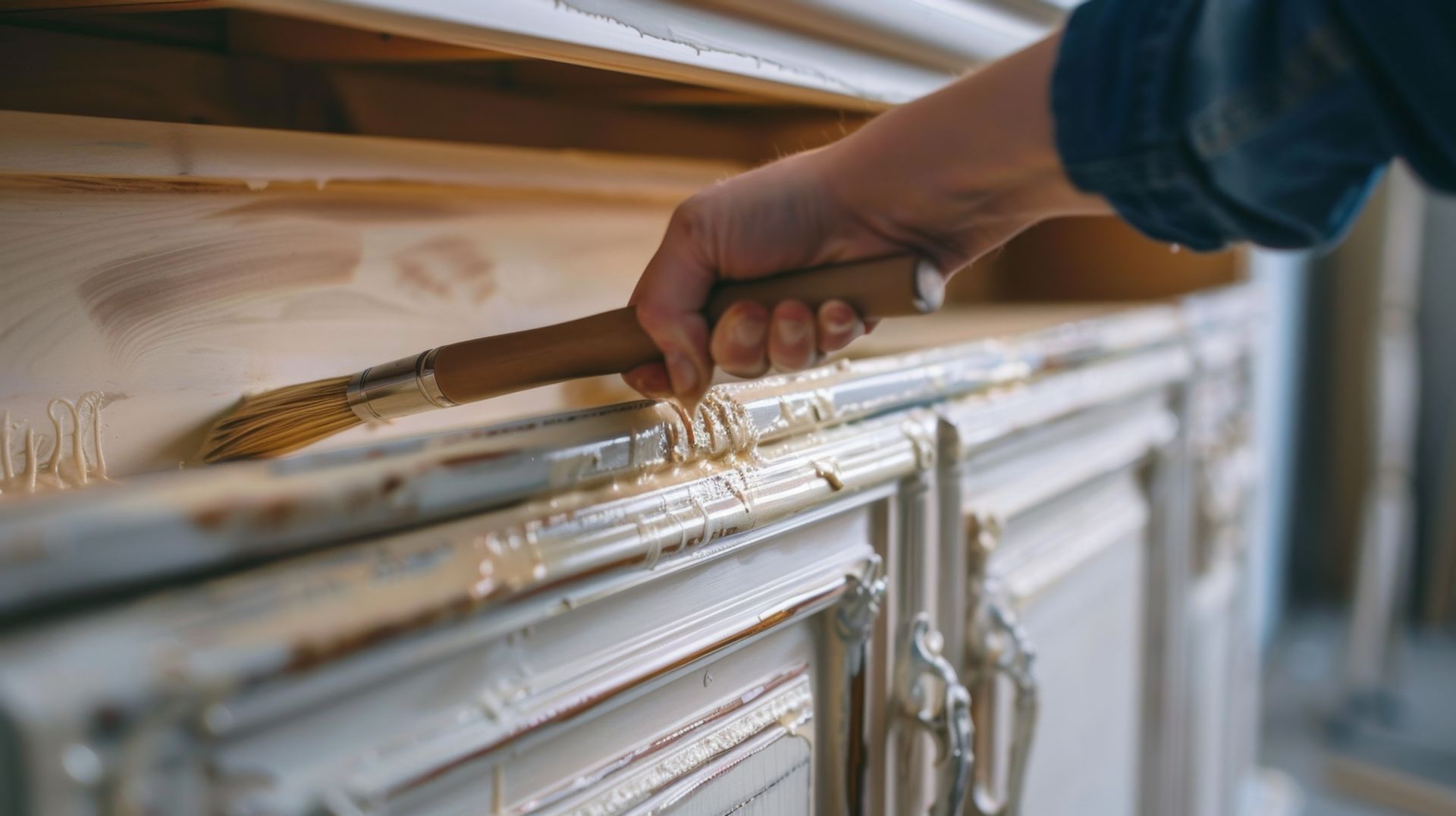 A person is painting a wooden cabinet with a brush.