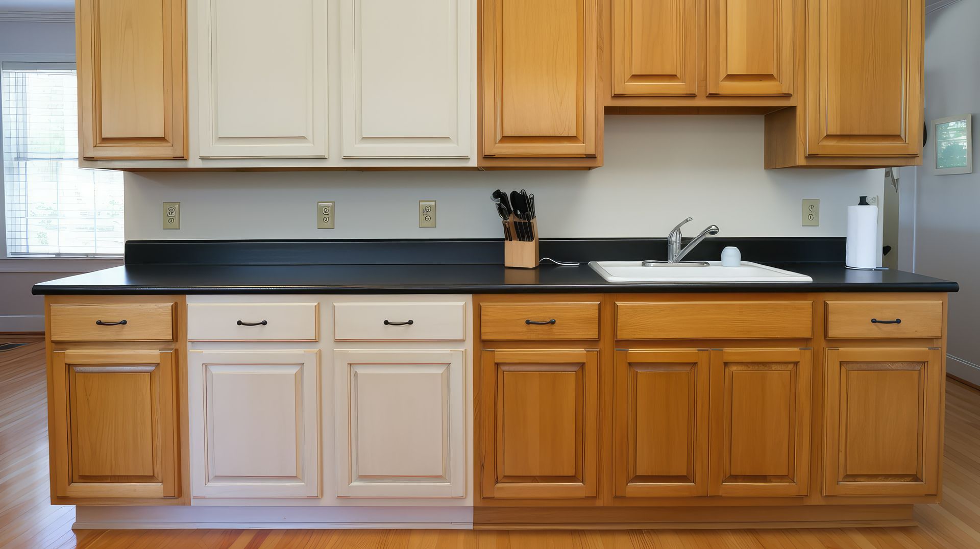 A kitchen with two different colored cabinets and a sink.