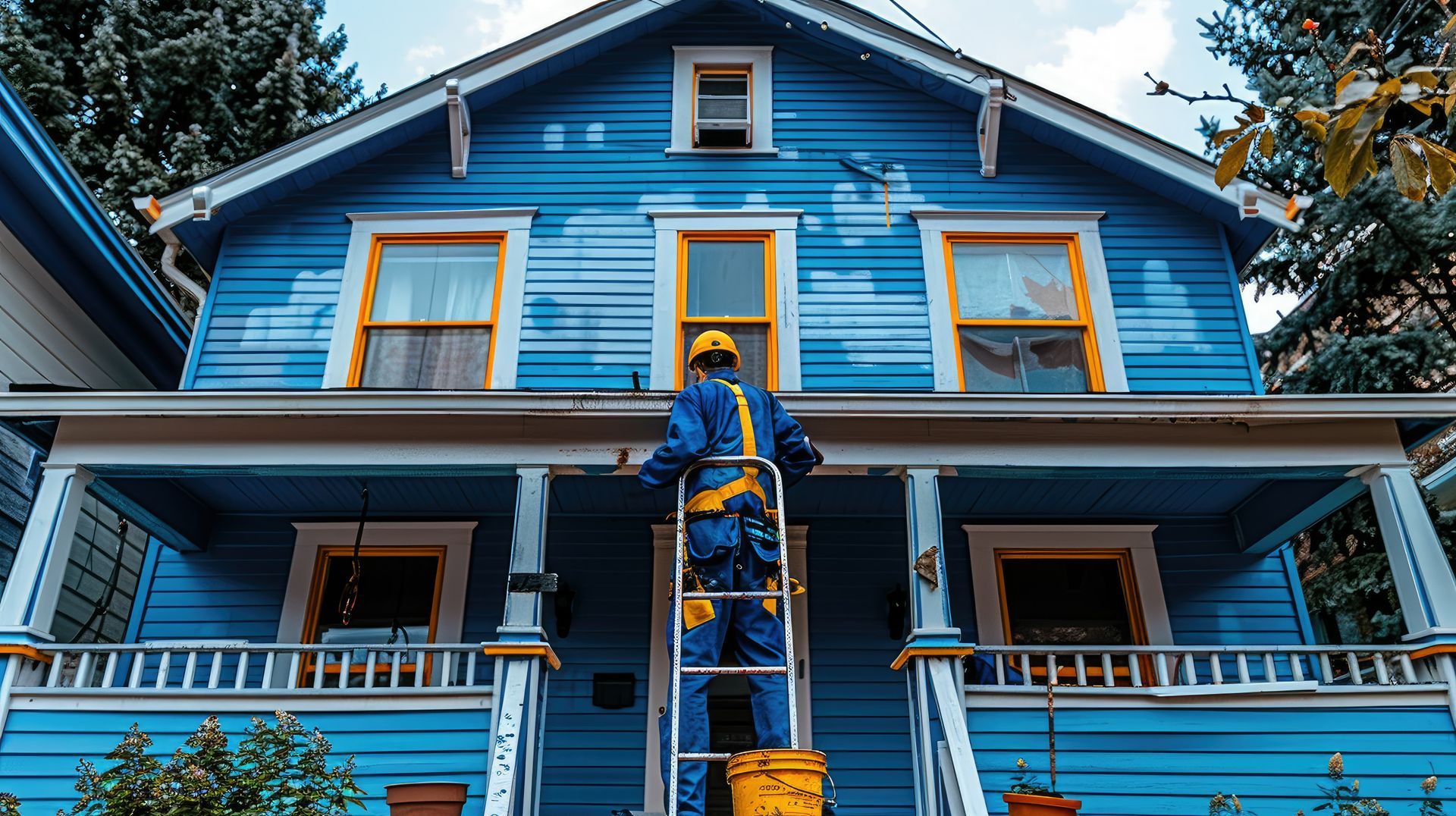 A man is standing on a ladder painting a blue house.