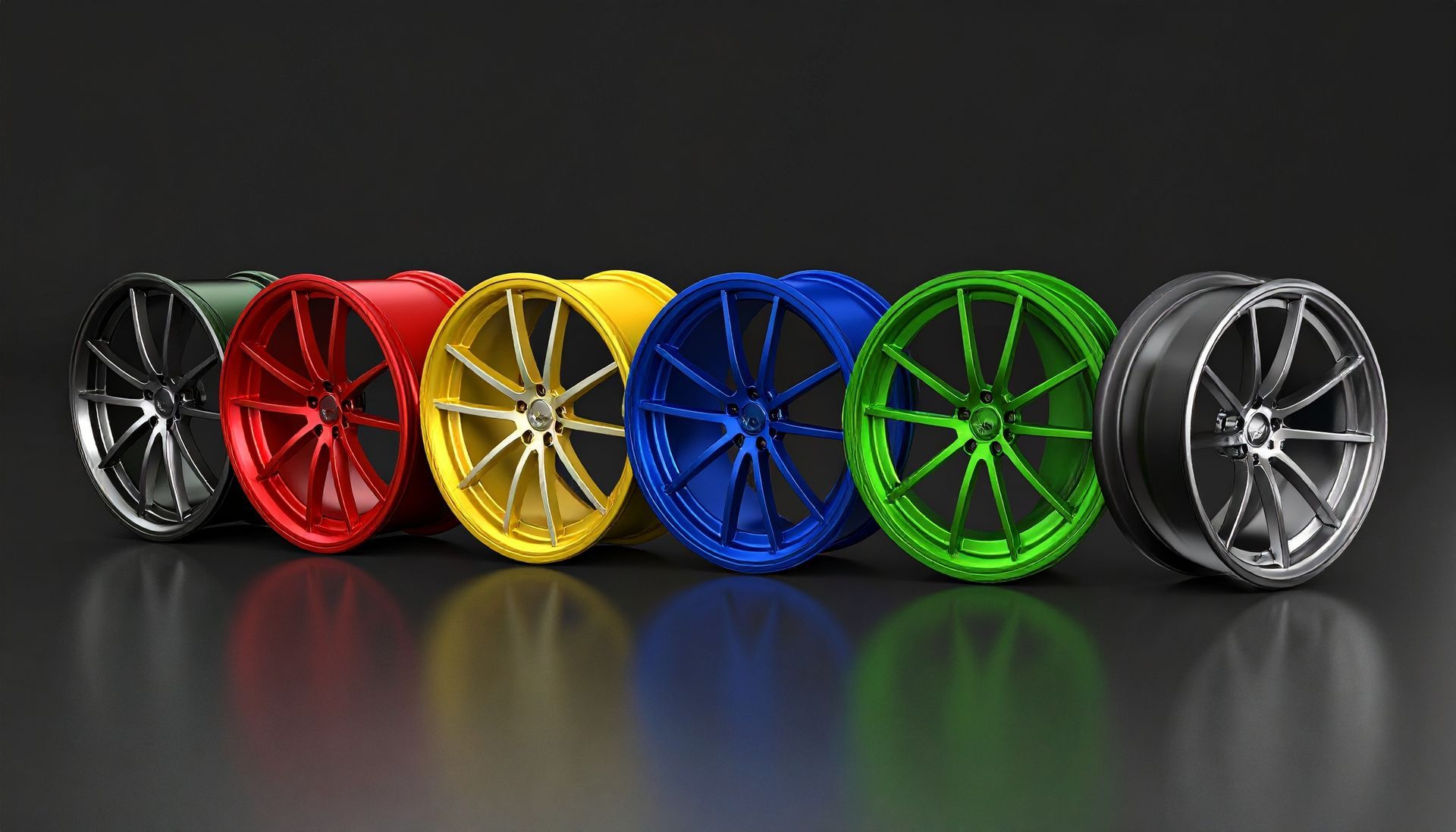 Six shiny car rims in a row: black, red, gold, blue, green, and silver, on a reflective surface.