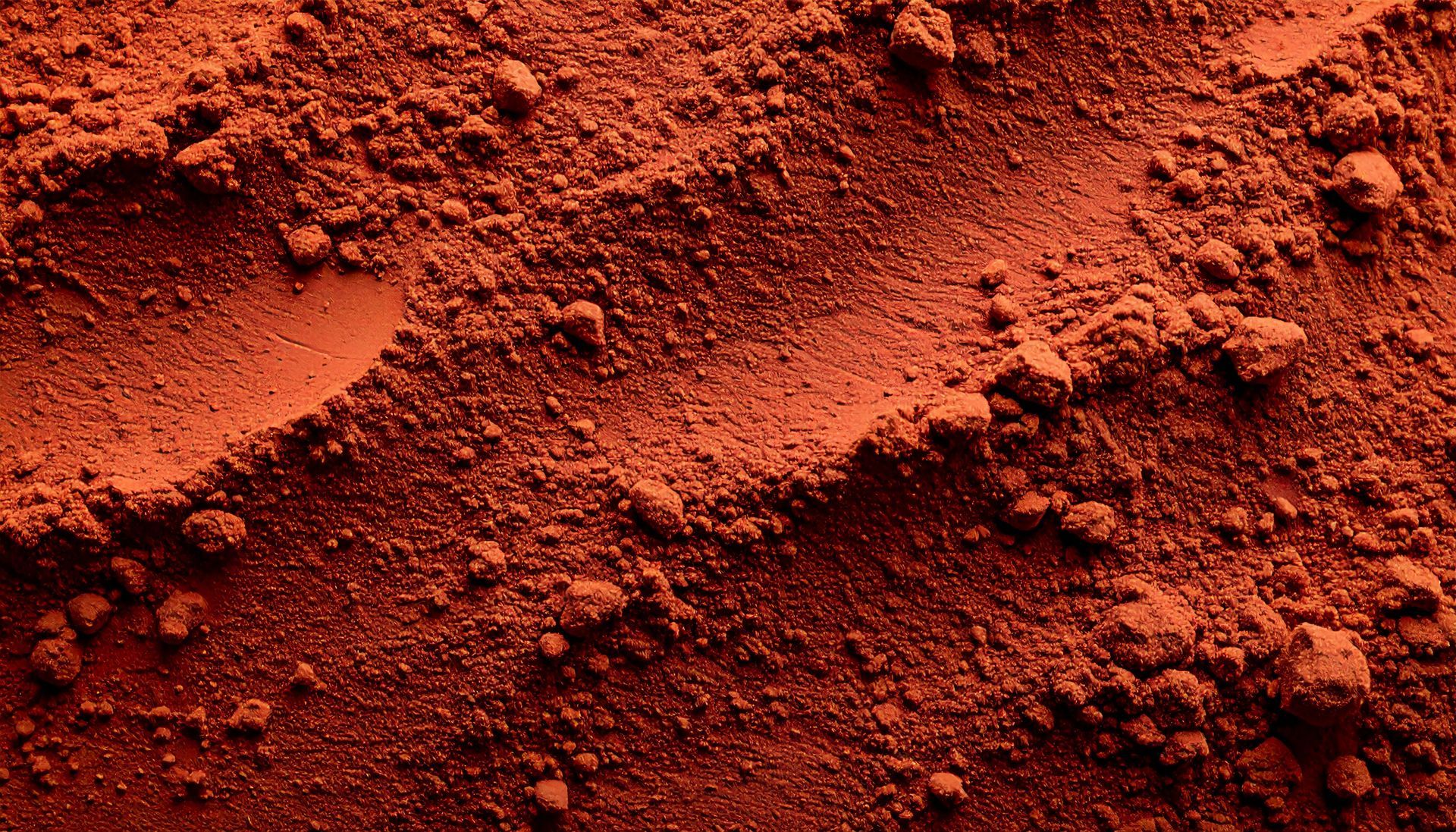 Close-up of reddish-brown powder with textures and small clumps, suggesting a dried, dusty surface.