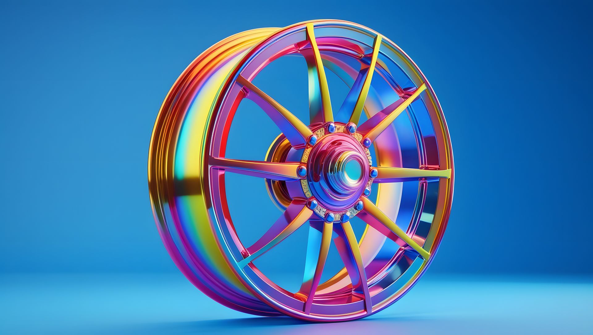 Iridescent car wheel on a blue background, reflecting rainbow colors.
