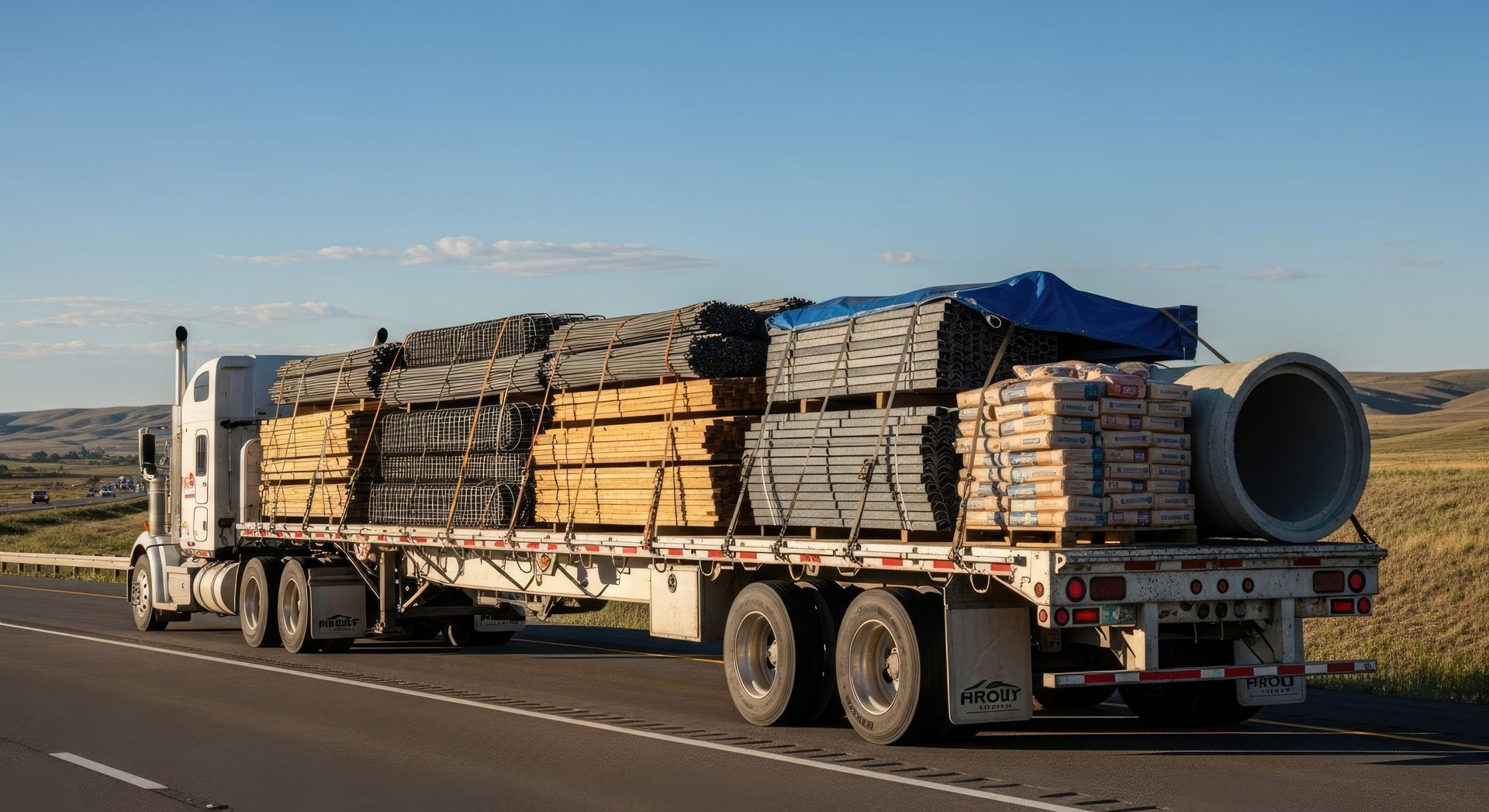 A semi-truck hauling construction materials on a highway, including lumber and a large concrete pipe.