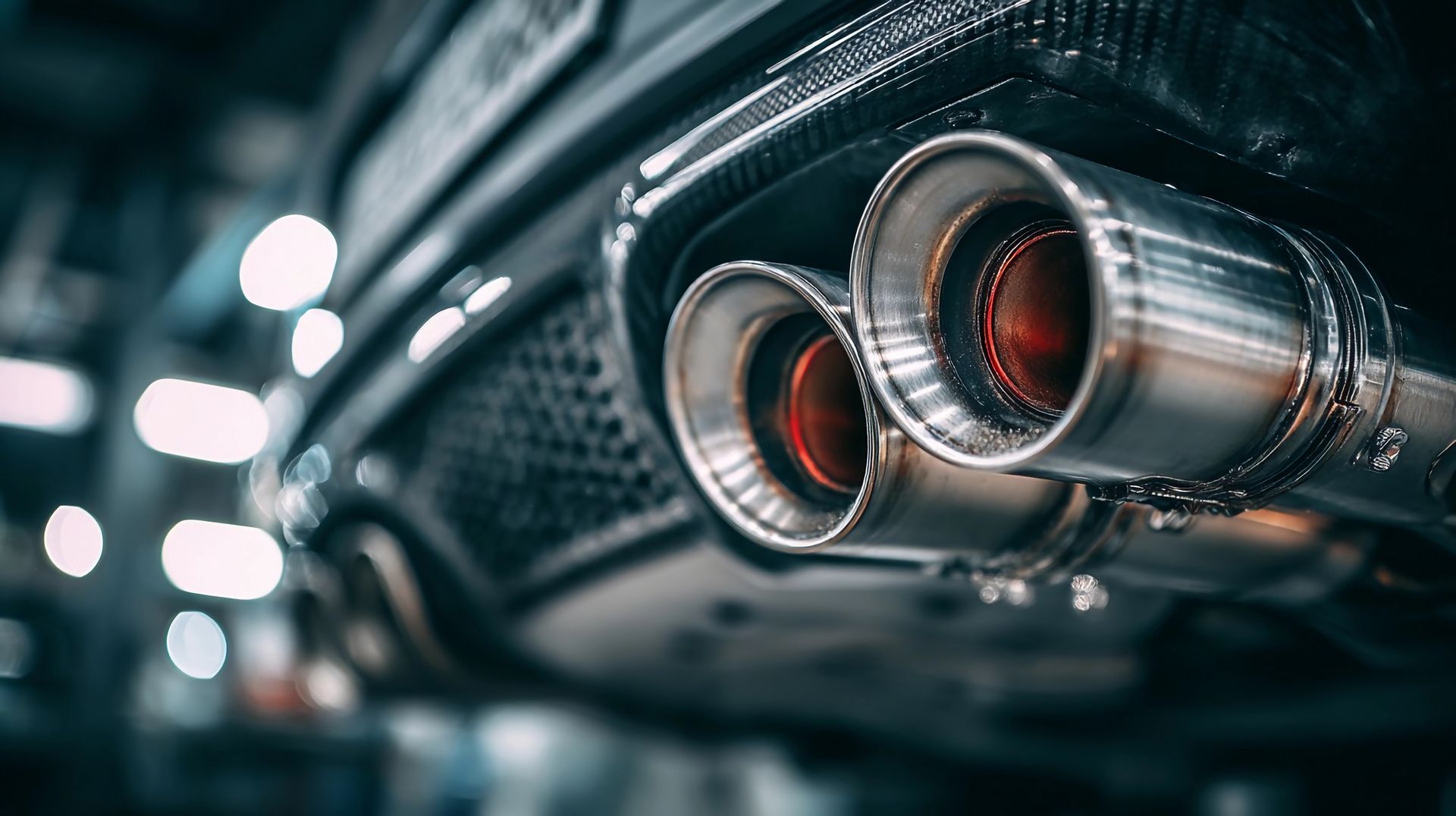 A close-up, low-angle view of a car’s dual stainless steel exhaust pipes against a dark, industrial garage background.