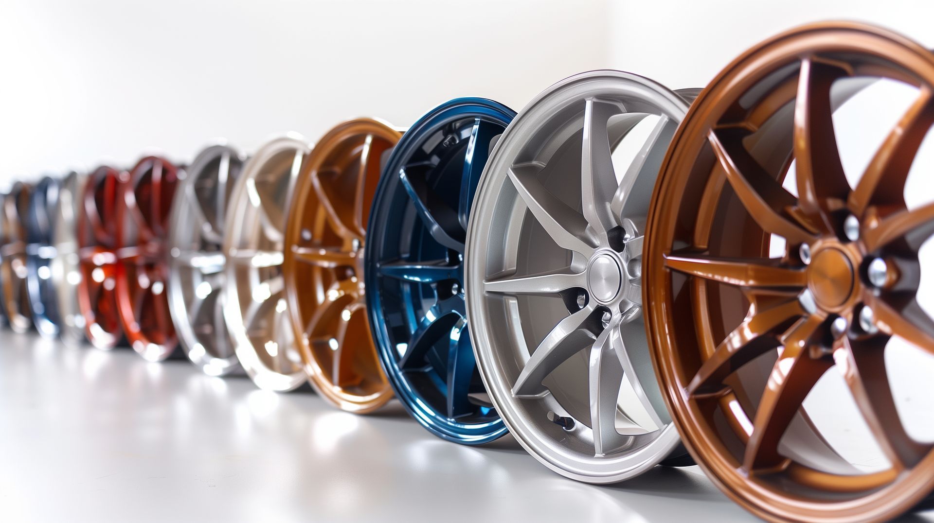 Several shiny car wheels in various metallic colors arranged in a row.