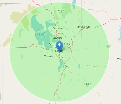 Map of Utah, with a green circle centered on Salt Lake City, showing surrounding cities.