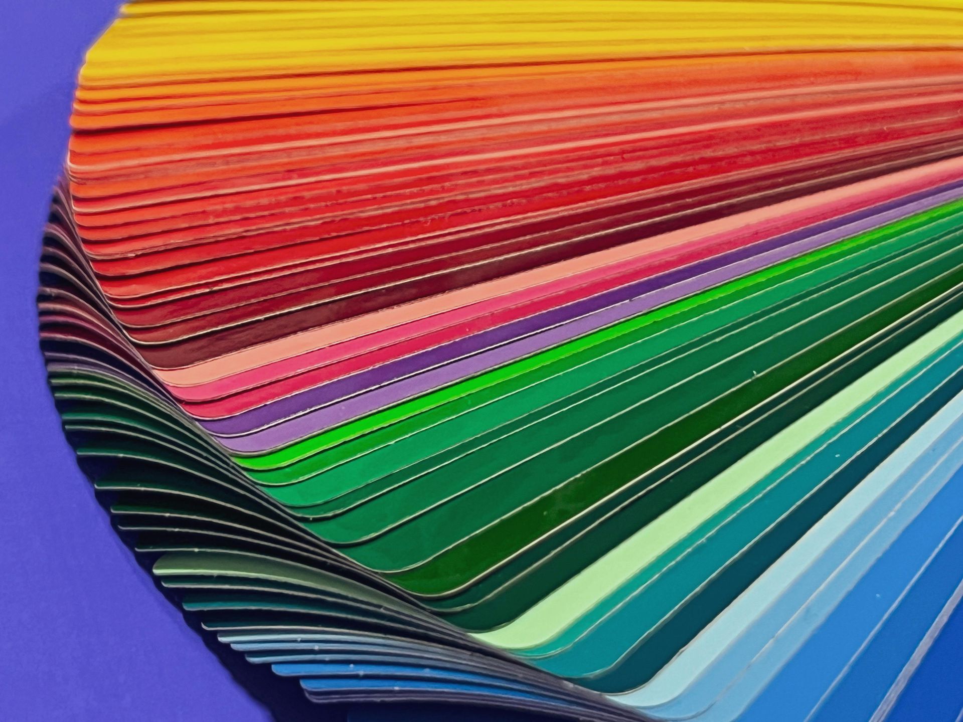 A colorful fan deck of paint or paper samples spread out in a spectrum arc against a blue background.
