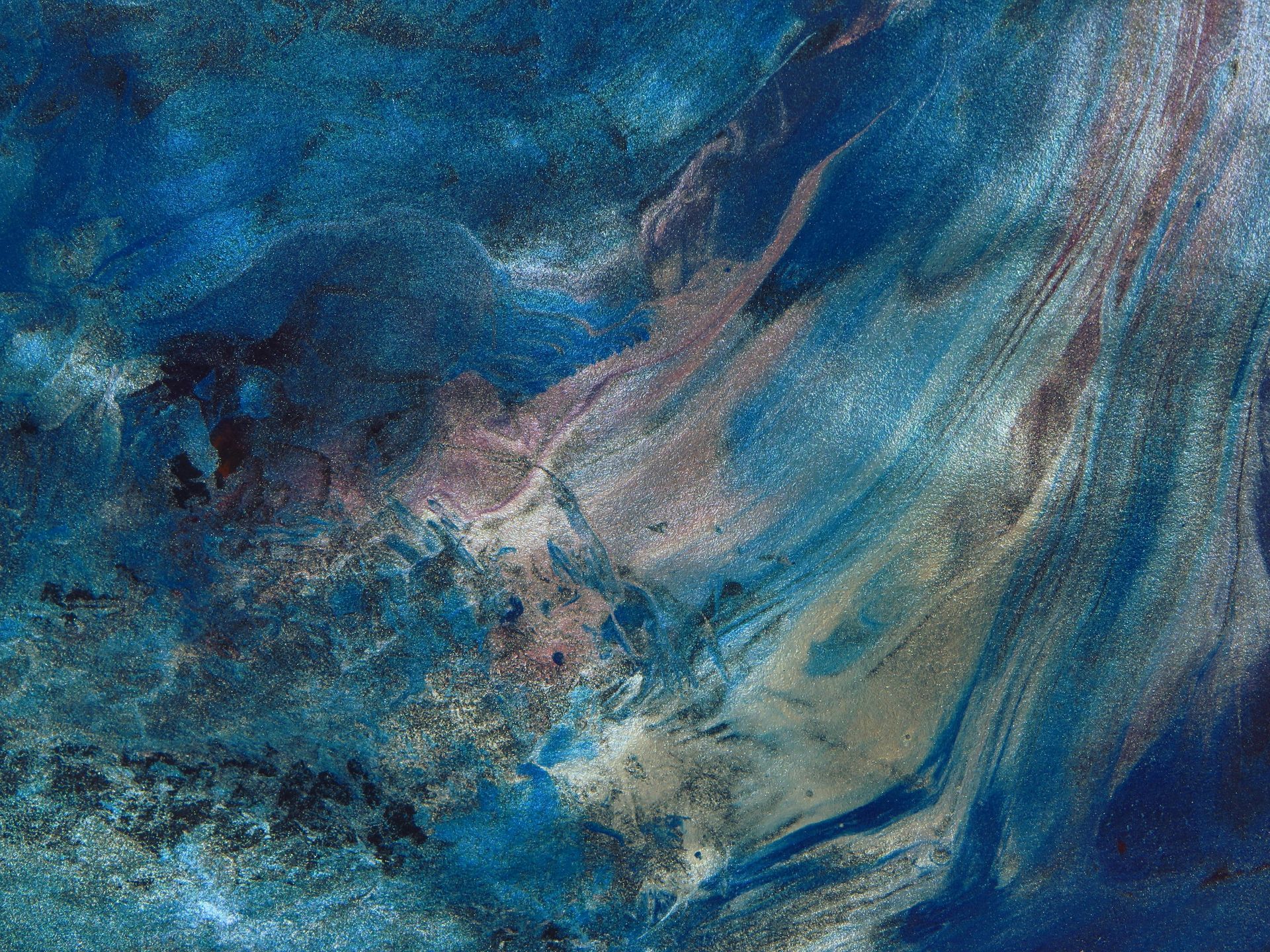 Abstract, swirling blue and silver paint. Dark areas with lighter, shimmering highlights.