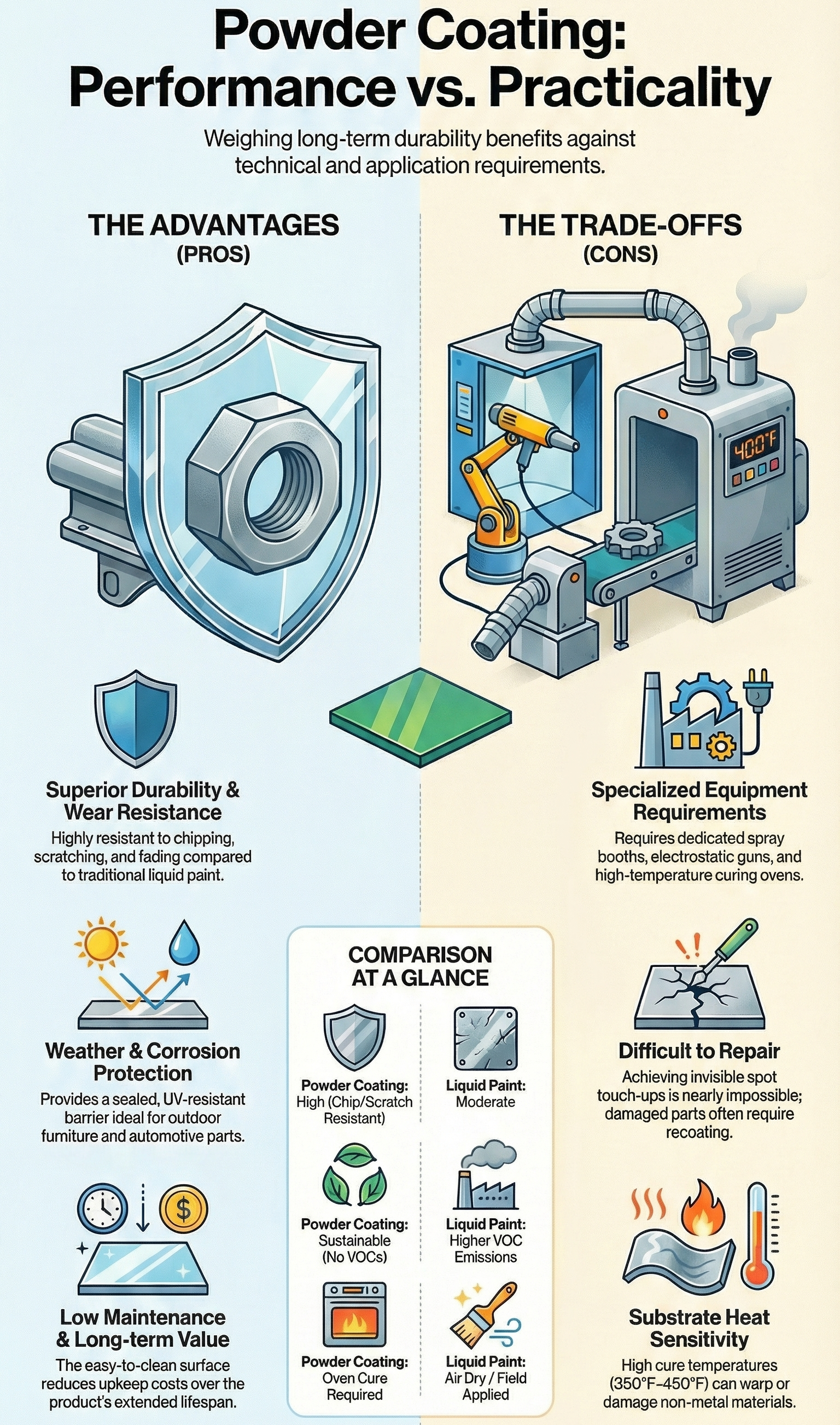 Infographic comparing the performance benefits and practical trade-offs of powder coating for industrial applications.