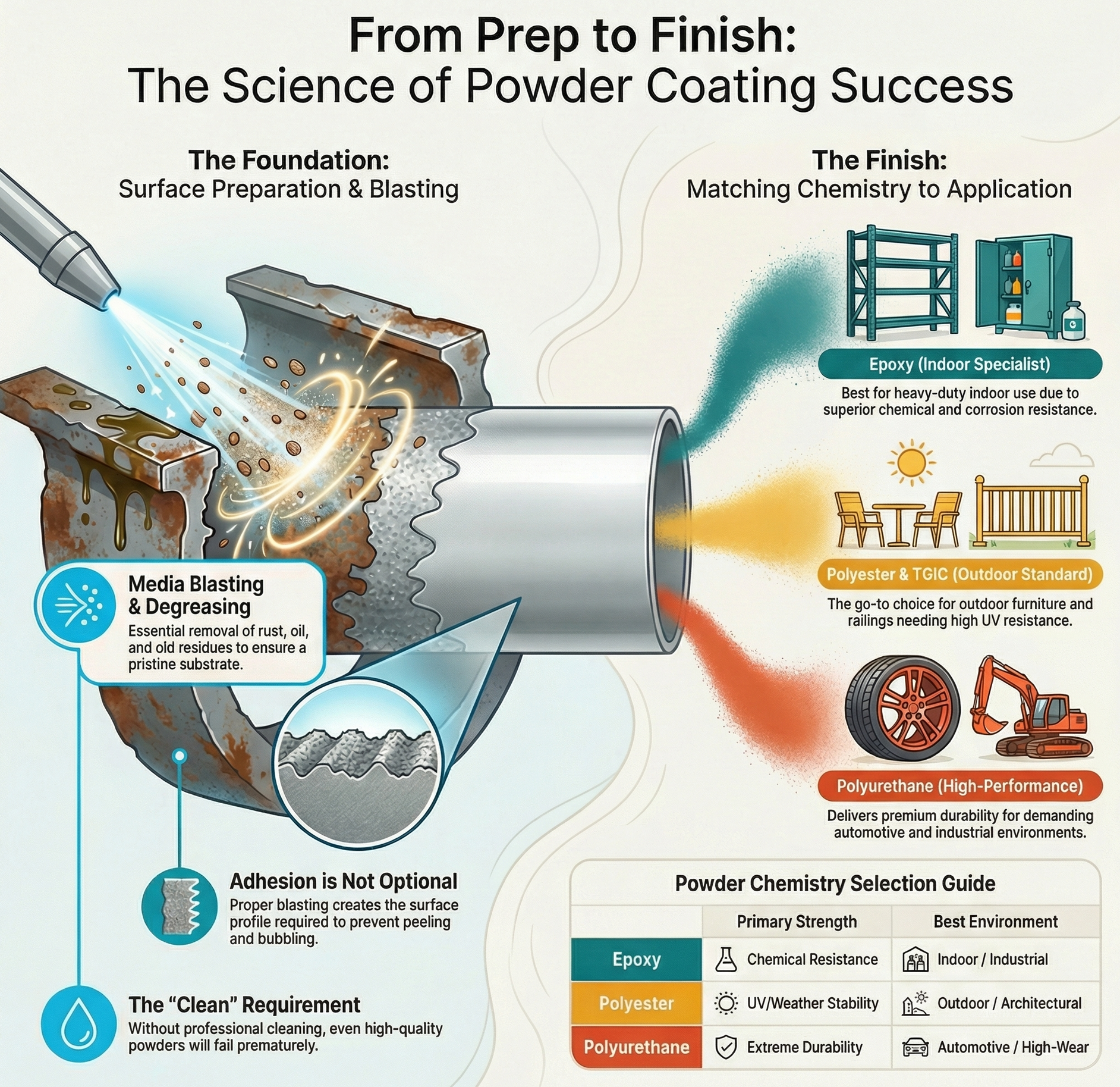Infographic showing the powder coating process, from surface prep and blasting to selecting chemistry for applications.
