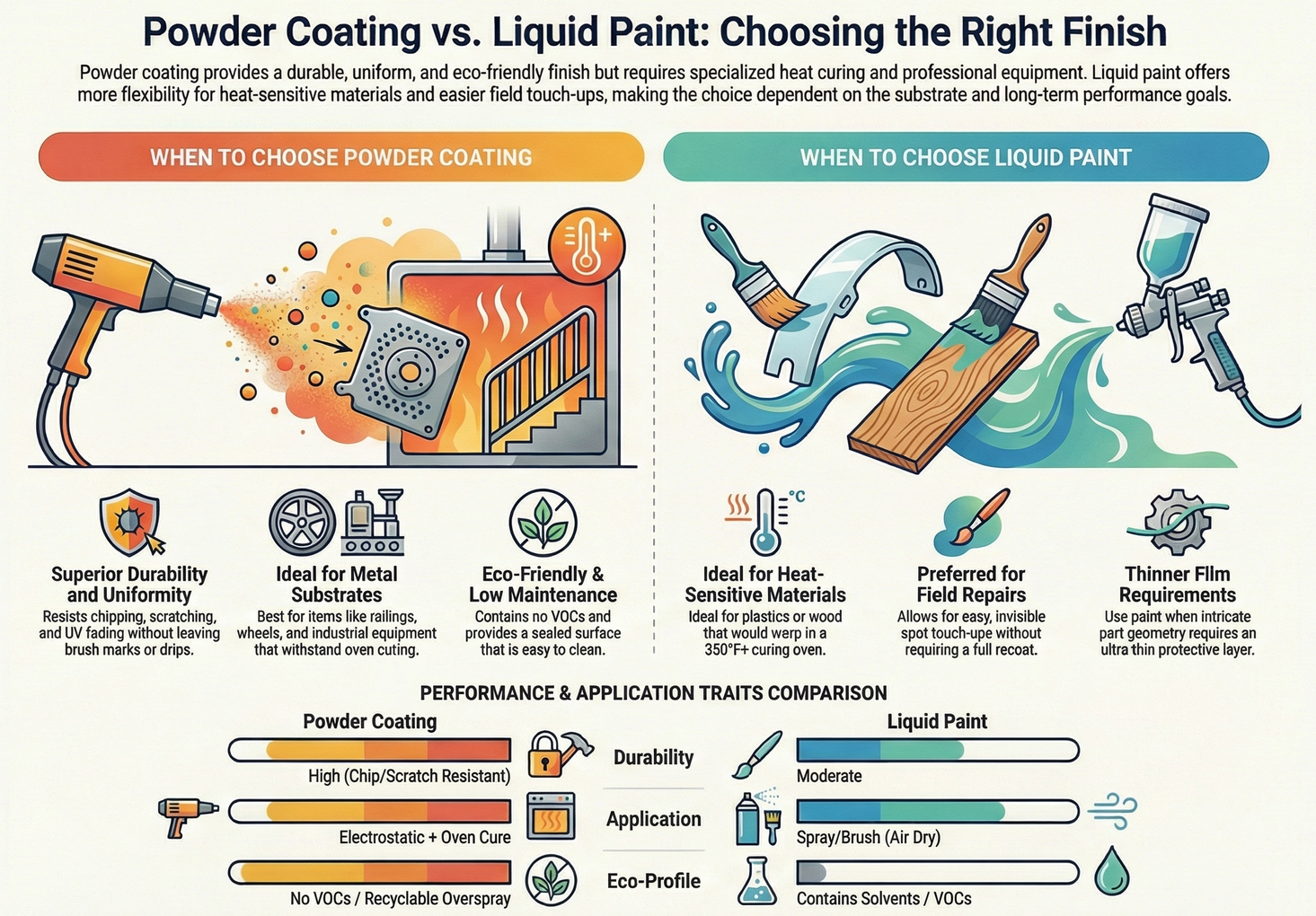 Infographic comparing powder coating and liquid paint, outlining their application processes, pros, cons, and performance.