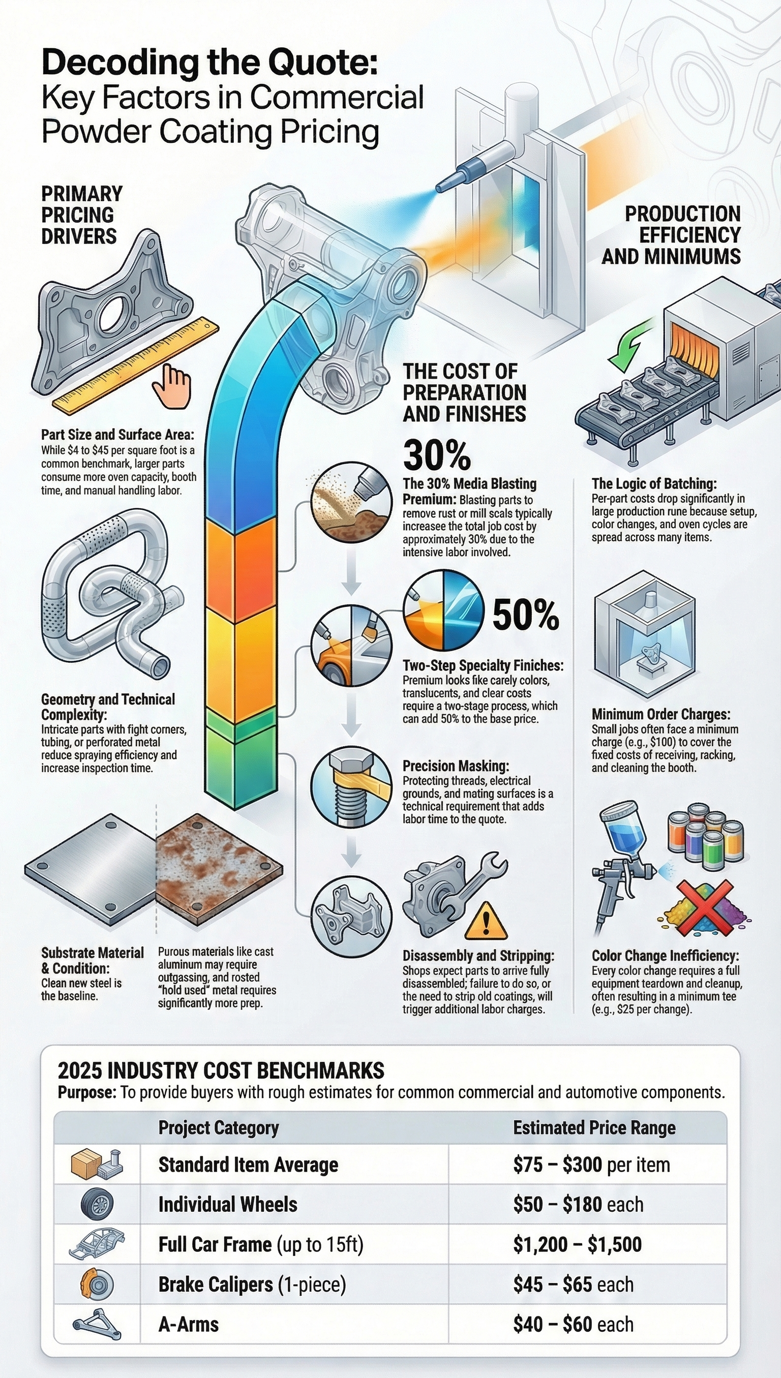 Infographic on factors in commercial powder coating pricing, showing process stages and cost percentages.