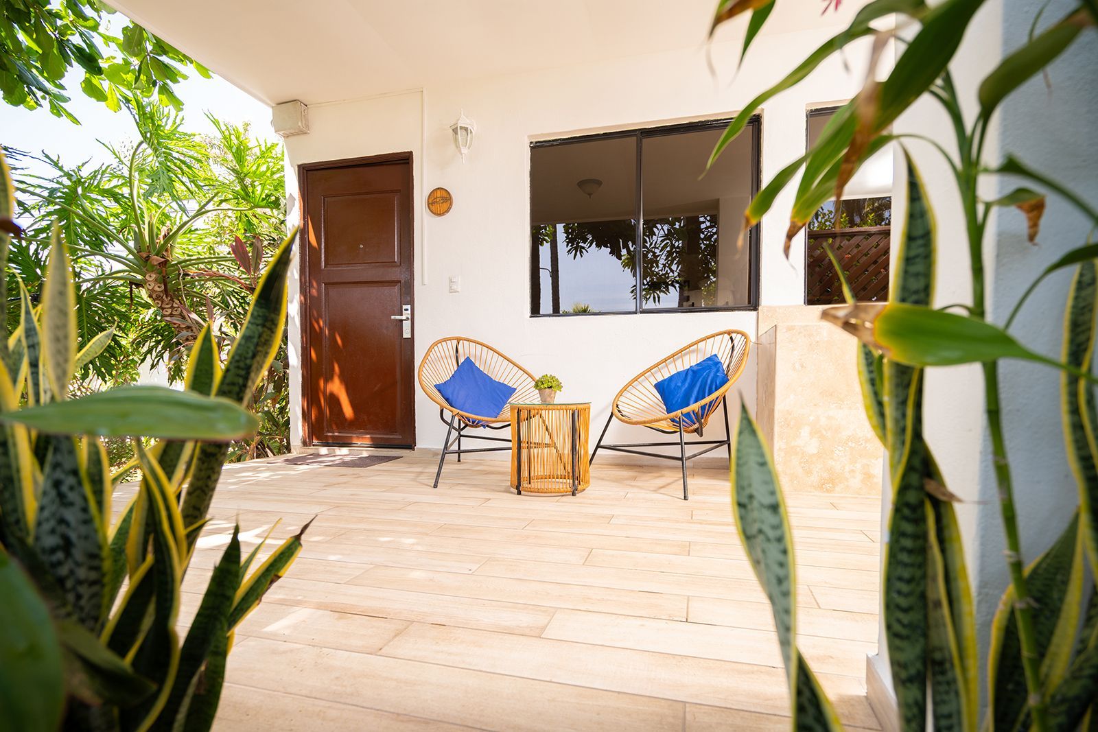 A patio with two wicker chairs featuring blue cushions, a small wooden table, and a brown door, framed by green plants.