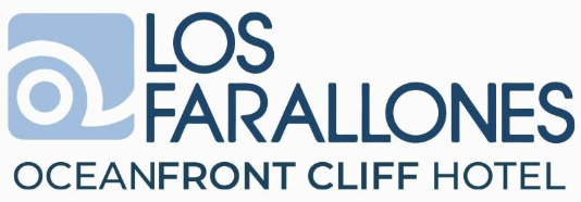 Logo for Los Farallones Oceanfront Cliff Hotel, featuring a blue wave icon next to dark blue text.