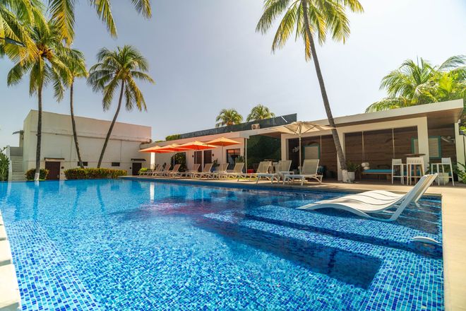 A sunny outdoor swimming pool with blue tiles, lounge chairs on the deck, and palm trees against a clear sky.