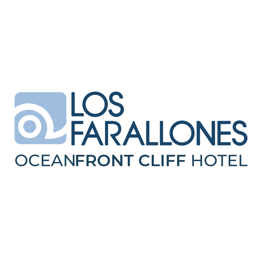 Logo for Los Farallones Oceanfront Cliff Hotel, featuring a blue wave icon next to dark blue text.