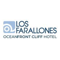 Logo for Los Farallones Oceanfront Cliff Hotel, featuring a blue wave icon next to dark blue text.