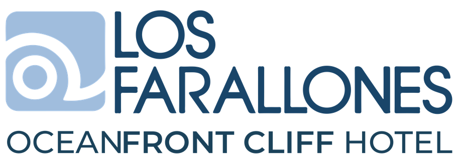 Logo for Los Farallones Oceanfront Cliff Hotel, featuring a blue wave icon next to dark blue text.