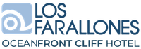 Logo for Los Farallones Oceanfront Cliff Hotel, featuring a blue wave icon next to dark blue text.
