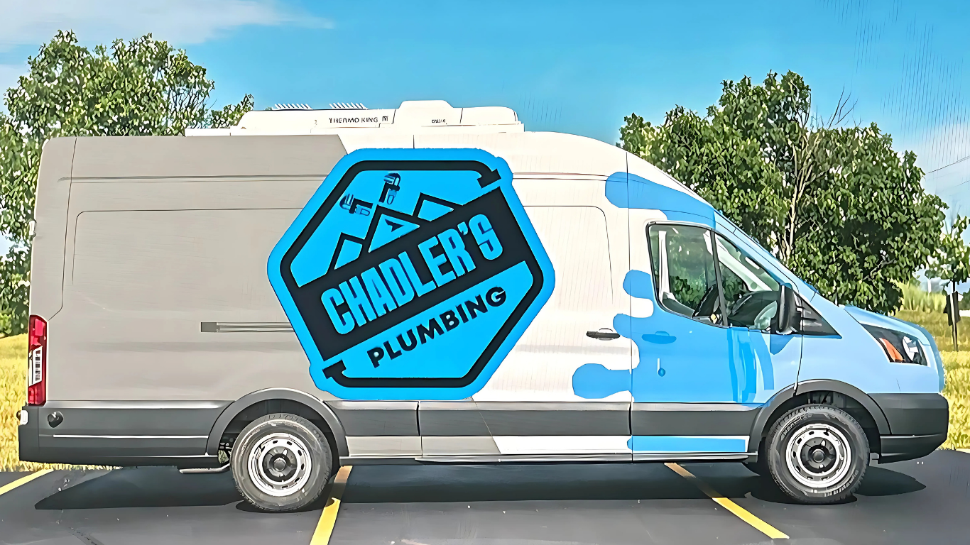 A plumbing van is parked in a parking lot.