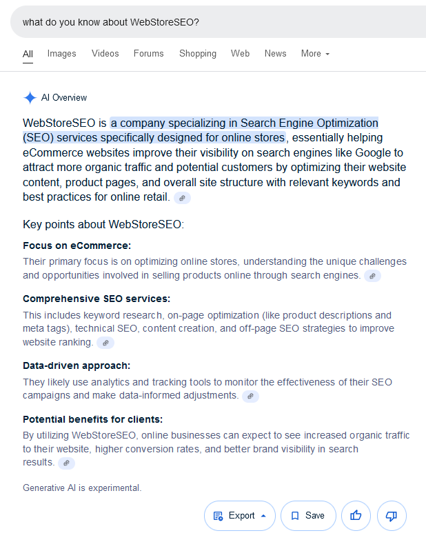 Google AI Overview of WebStoreSEO