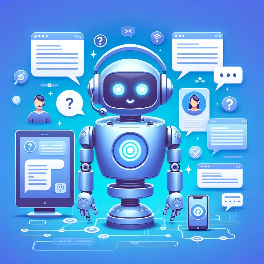 A robot wearing headphones is surrounded by speech bubbles and icons.