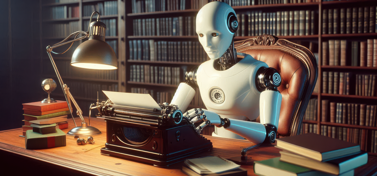 A robot is typing on a typewriter in a library