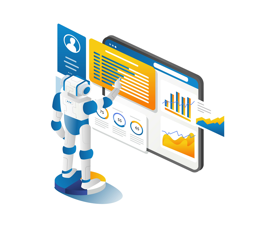 An isometric illustration of a robot pointing at a screen with charts.