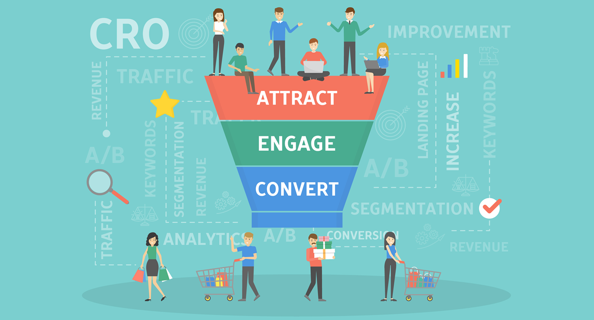 A group of people standing around a funnel that says attract engage convert