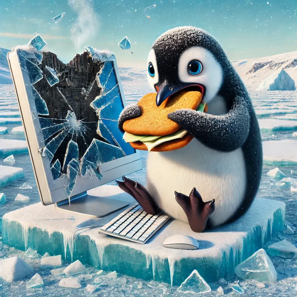 A penguin is eating a sandwich in front of a broken computer screen