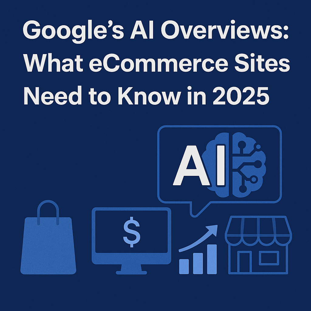 Graphic about Google AI for eCommerce in 2025: text, AI brain icon, shopping bag, dollar sign, chart, and store icon.