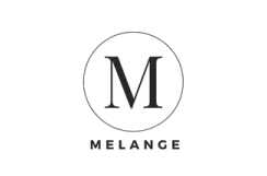 A black and white logo for melange with a letter m in a circle.
