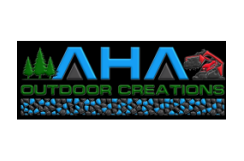 The logo for aaha outdoor creations is blue and green.