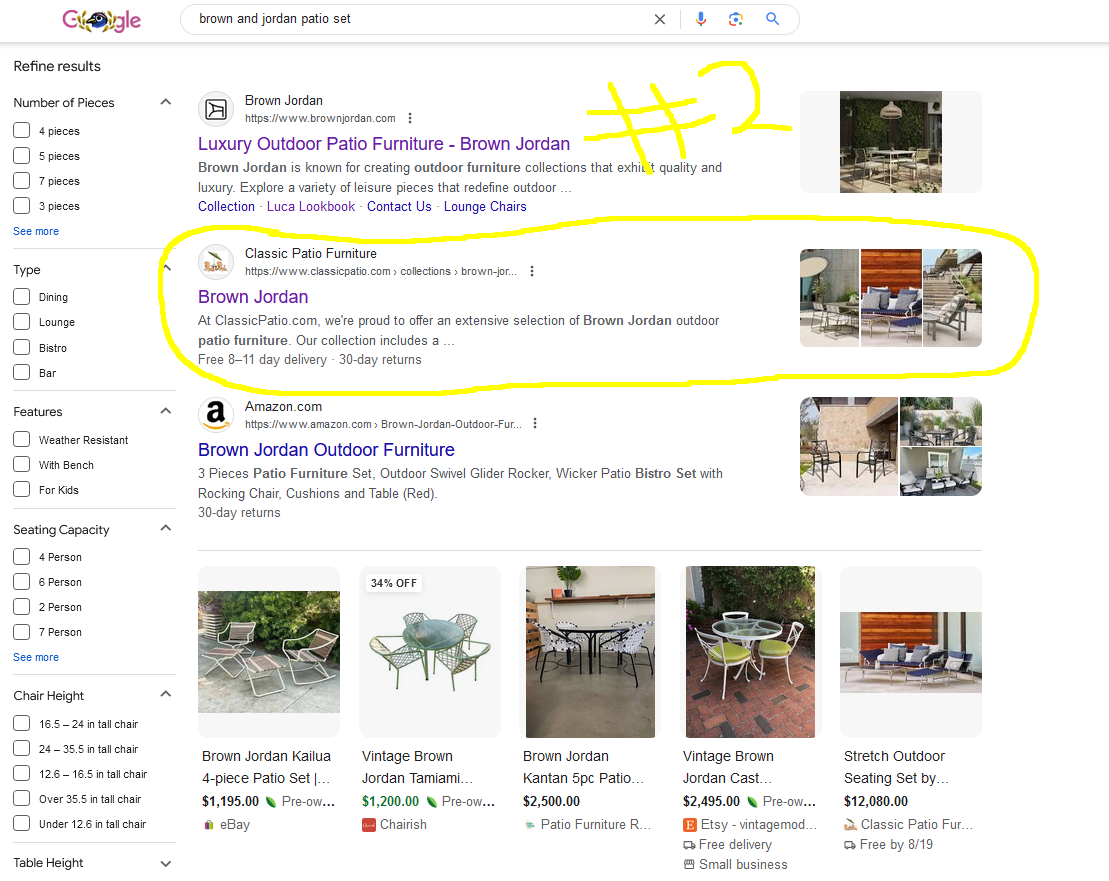 A screenshot of a google search for patio furniture