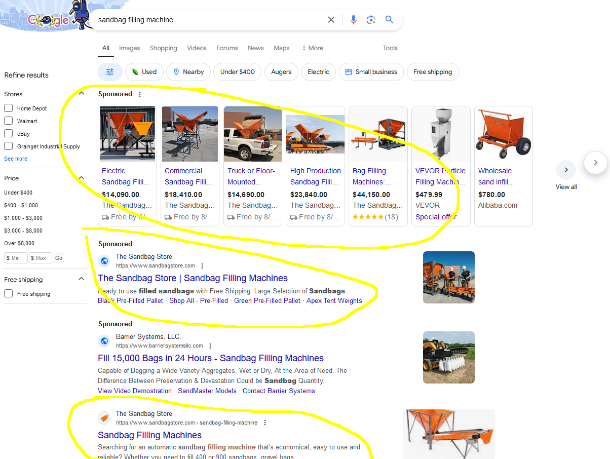 A screenshot of a google search for sandbag filling machine