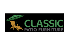 A logo for classic patio furniture with a chair and umbrella