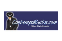 A man in a suit and tie is standing in front of a blue background that says contemposuits.com