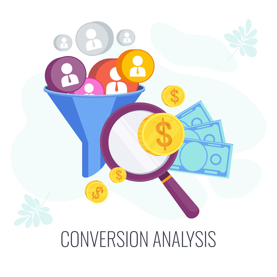 A conversion analysis icon with a magnifying glass , coins , and money coming out of a funnel.