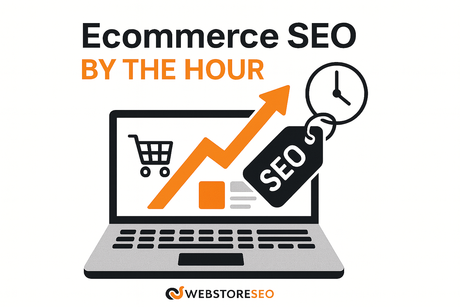 Ecommerce SEO graphic: Laptop with shopping cart icon, rising graph, and 