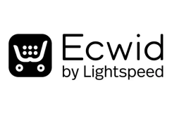 A black and white logo for ecwid by lightspeed with a shopping cart icon.