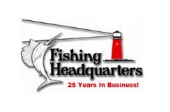 A fishing headquarters logo with a fish and a lighthouse.